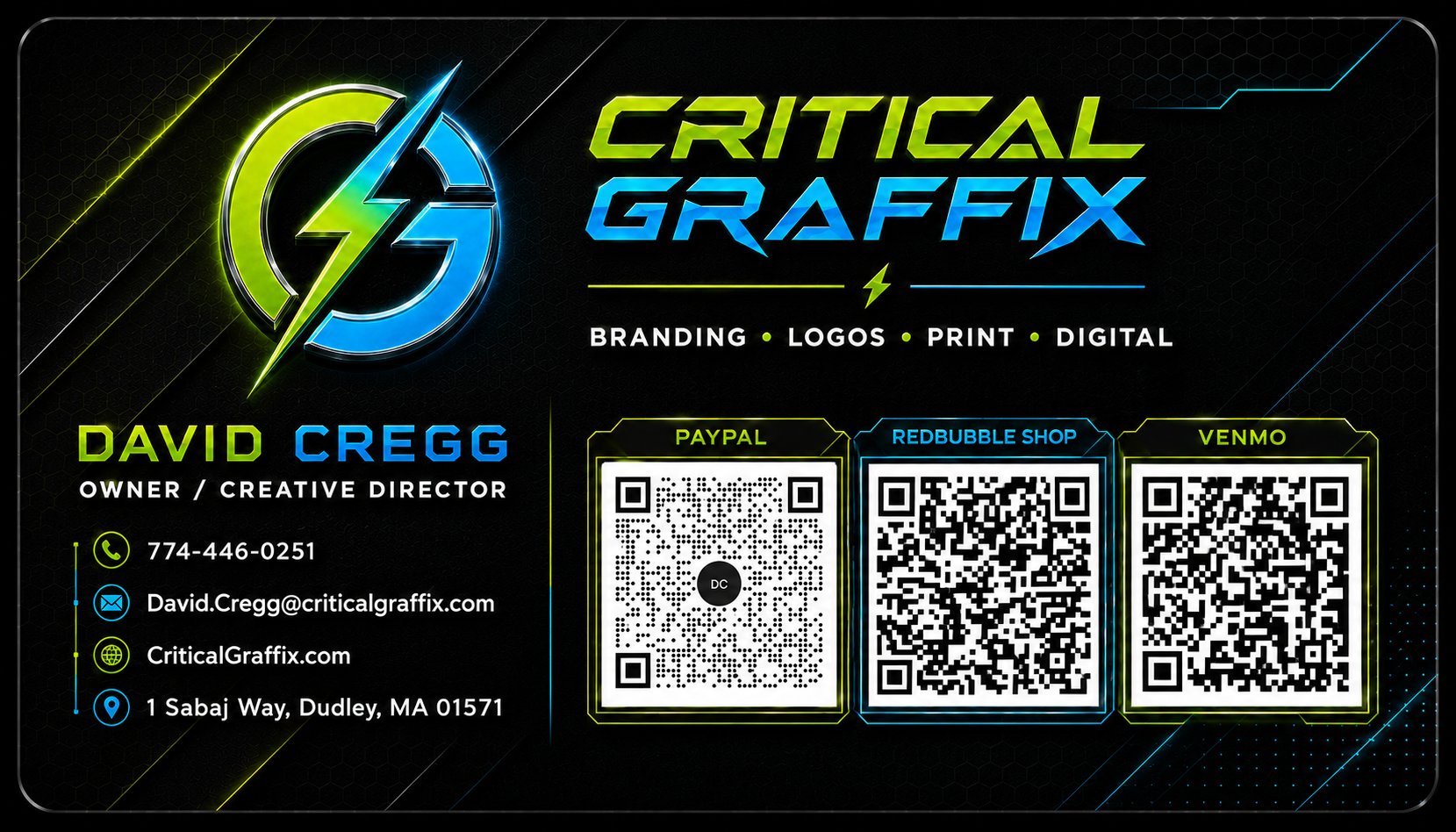 Critical Graffix official business card back artwork with QR code and affiliations